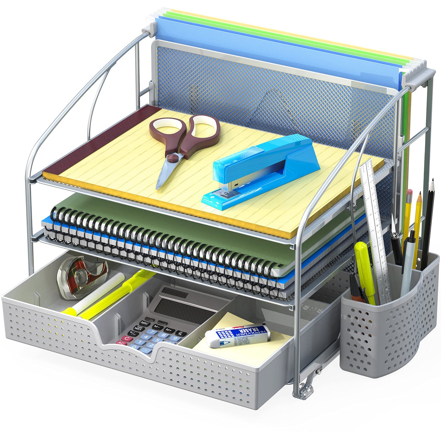 Simple Houseware 3-Tier Desk Organizer with Sliding Drawer, Hanging File Holder and Pen Holder Accessory, Silver