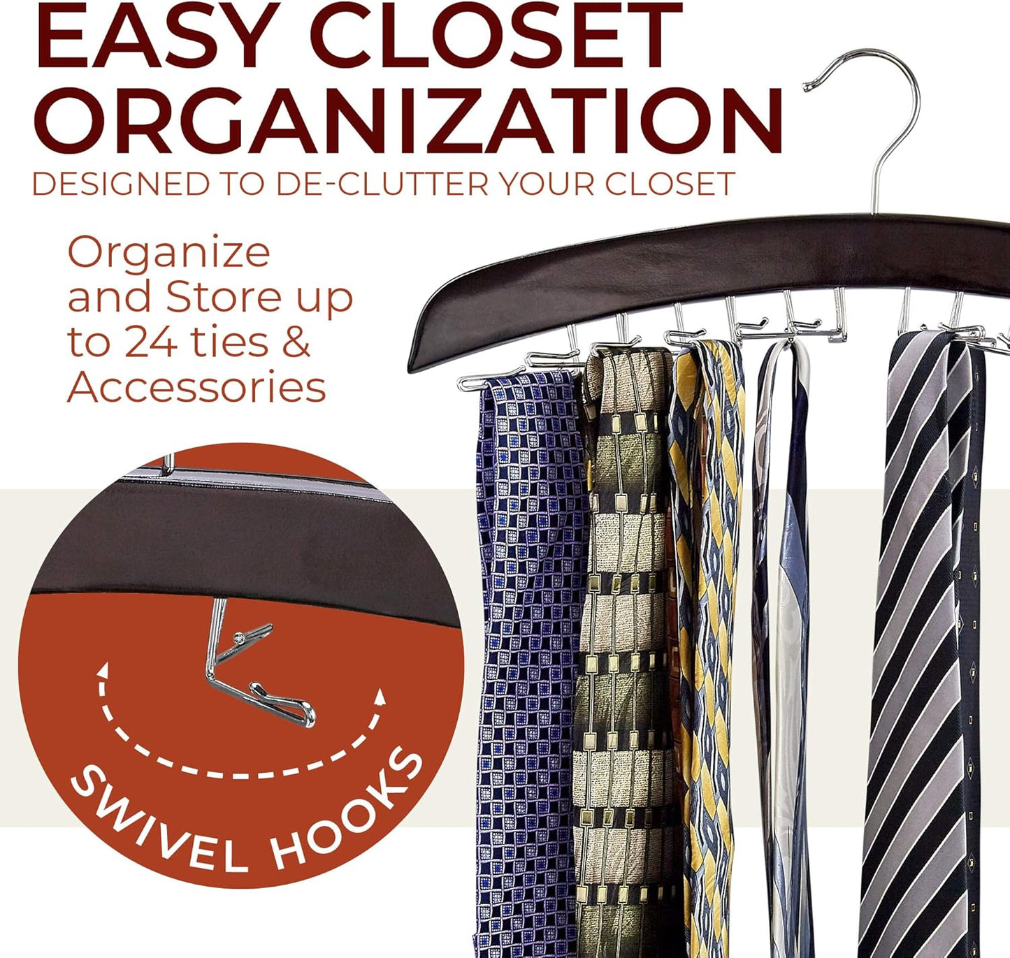 Richards Wooden Tie Rack, Hanging Organizer for Men's Closet Accessories, Holds 24 Ties, Walnut Wood