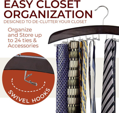 Richards Wooden Tie Rack, Hanging Organizer for Men's Closet Accessories, Holds 24 Ties, Walnut Wood