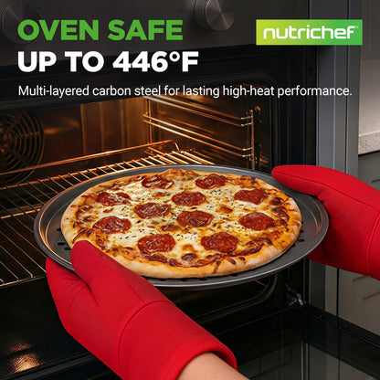 NutriChef 12.8 Inch Nonstick Pizza Pan for Oven - Carbon Steel Pizza Baking Tray with Airflow Holes - Premium Bakeware for Fresh & Frozen Pizza, Dishwasher Safe - Gray