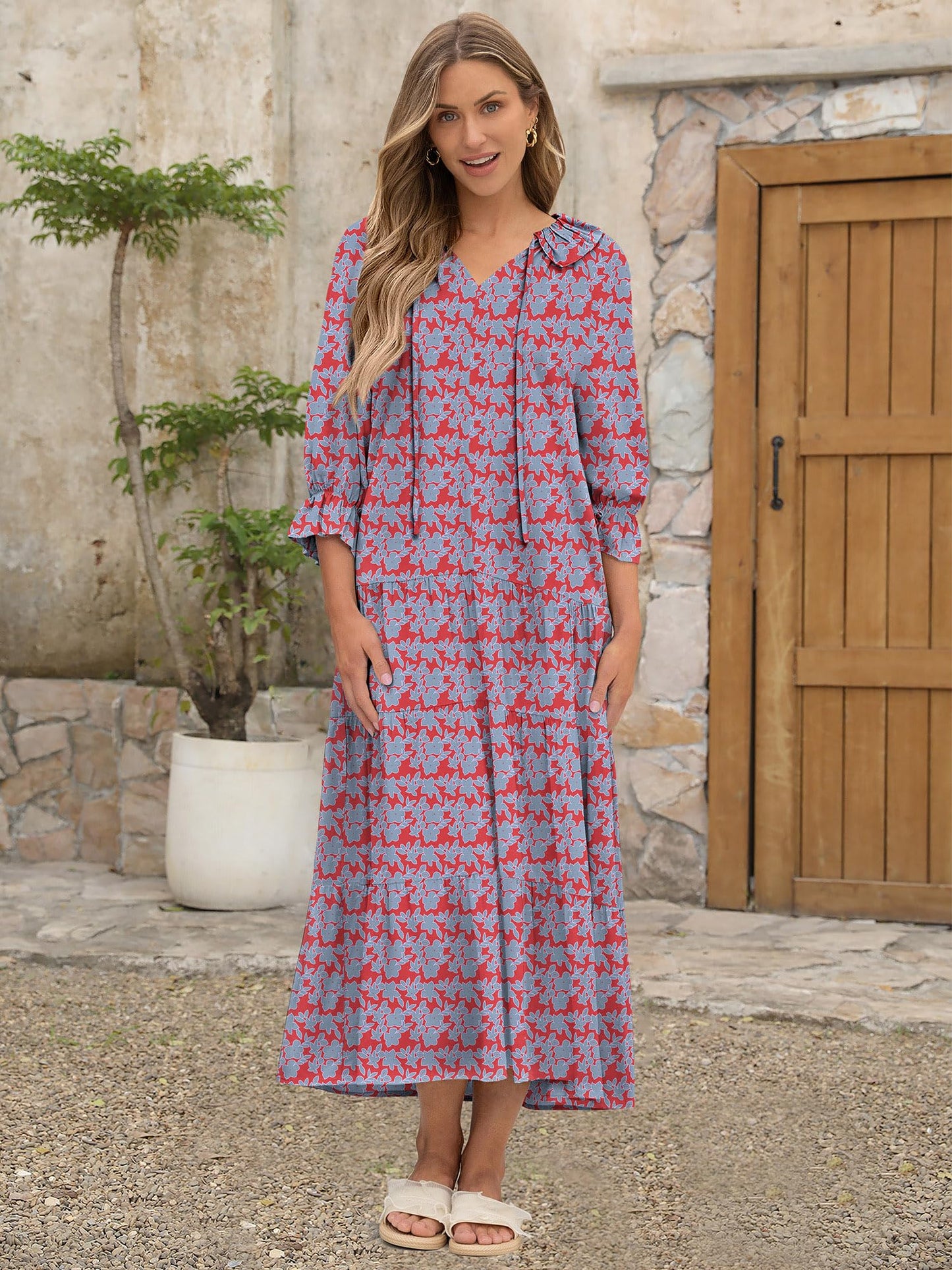 ANRABESS Women's Boho Maxi Dresses 2025 Summer Casual V Neck Puff Sleeve Floral Tiered Flowy Swing Beach Vacation Long Dress