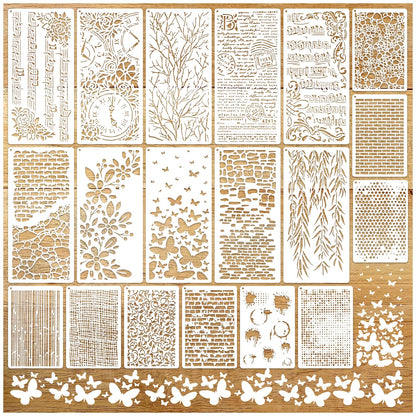 19pcs Stencils for Crafts Reusable Musical Notes Brick Branches Floral Texture Dot Background Template Drawing Layering Stencils for Painting on Wood Scrapbook Furniture Paper Card Decor(crafts19)