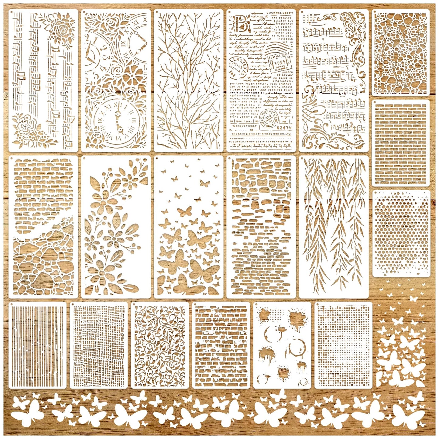 19pcs Stencils for Crafts Reusable Musical Notes Brick Branches Floral Texture Dot Background Template Drawing Layering Stencils for Painting on Wood Scrapbook Furniture Paper Card Decor(crafts19)