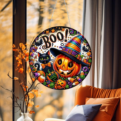 DIY Halloween Acrylic Diamond Art Painting Wreath Kits Special Shaped Rhinestone 5D Diamond Art Window Pendants Home Garden Wall Hanging Kits Hanging Ornament (Pumpkin and Cat)