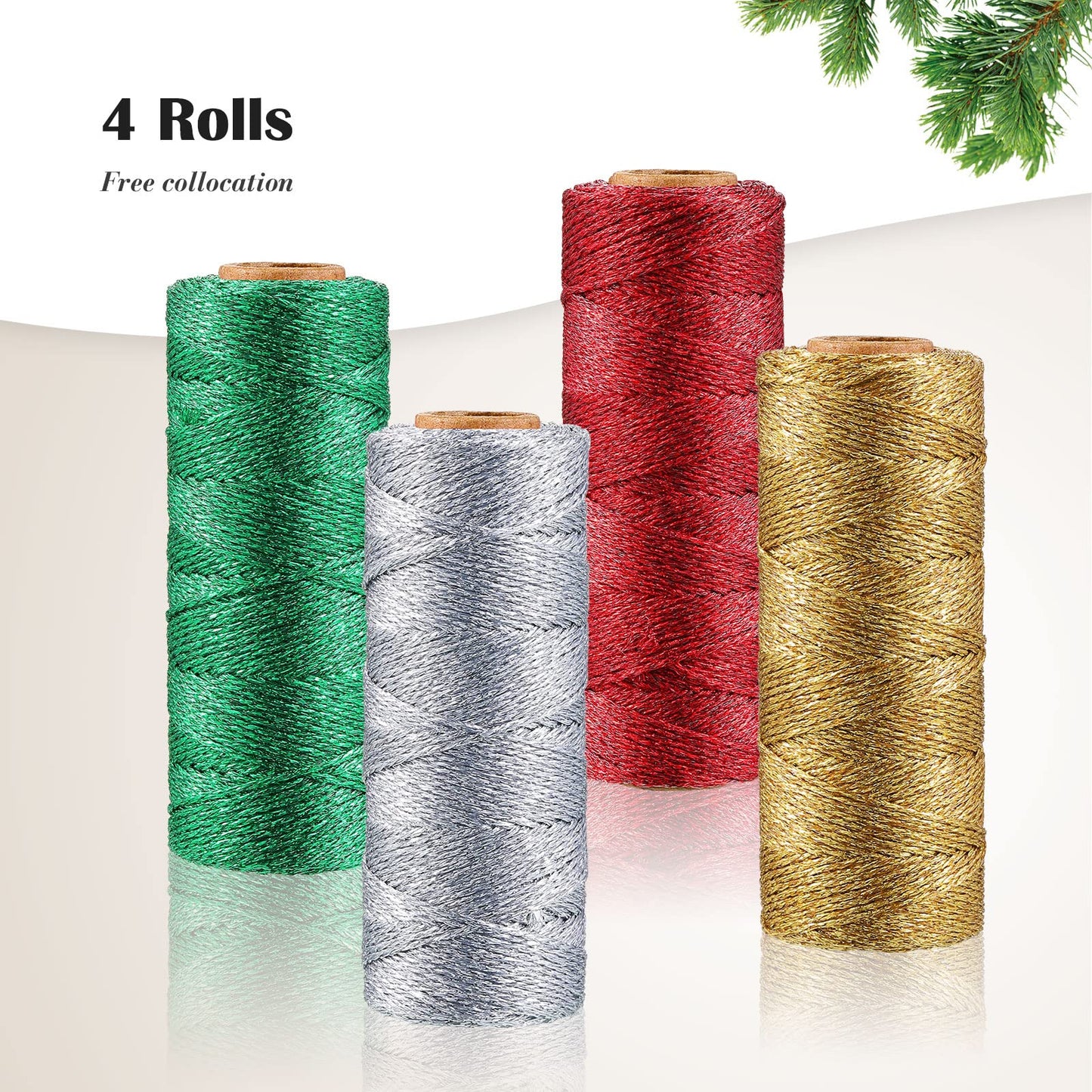 4 Rolls Christmas Metallic Bakers Twine 110 Yards Decorative Wrapping Twine String for DIY Crafts Packing Materials (Gold, Silver, Red, Green)