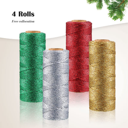 4 Rolls Christmas Metallic Bakers Twine 110 Yards Decorative Wrapping Twine String for DIY Crafts Packing Materials (Gold, Silver, Red, Green)