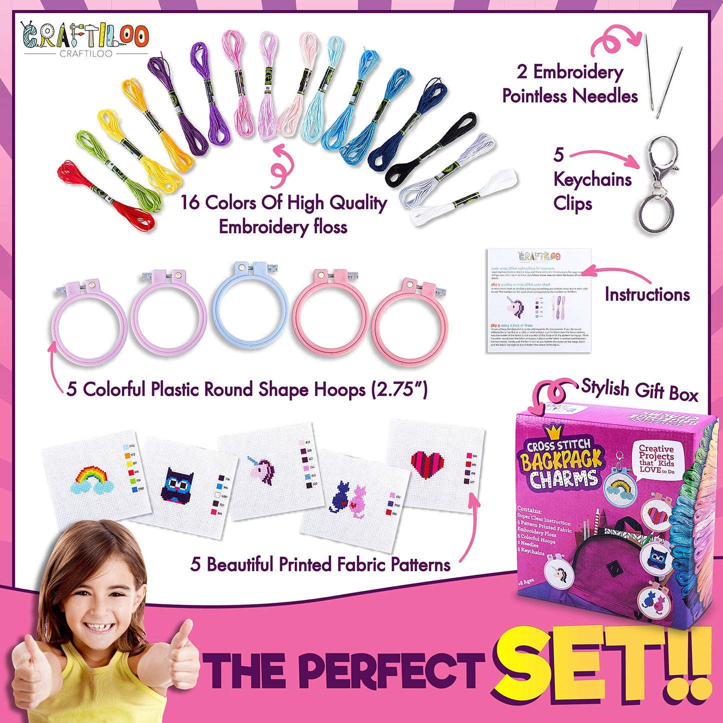 CRAFTILOO Cross Stitch Kit for Kids - 5 Easy Stamped Cross Stitch Kits for Beginners | Embroidery Kit for Girls Ages 7-13 | Needlepoint Craft Set, Backpack Charms & Keychains