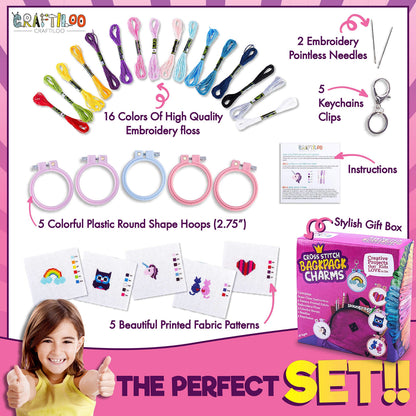 CRAFTILOO Cross Stitch Kit for Kids - 5 Easy Stamped Cross Stitch Kits for Beginners | Embroidery Kit for Girls Ages 7-13 | Needlepoint Craft Set, Backpack Charms & Keychains