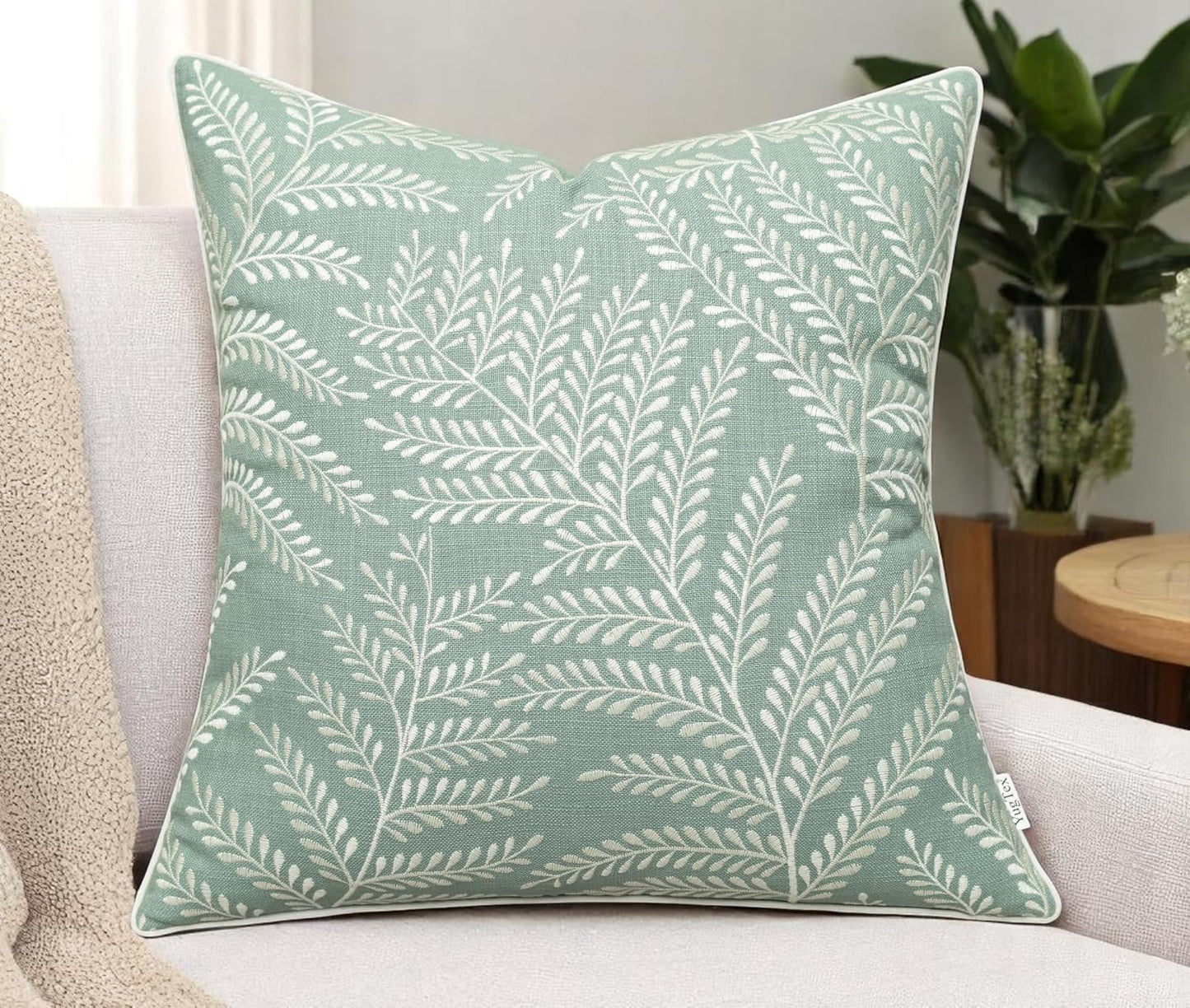 20x20 Inches, Fern Leaves Embroiderd Decorative Square Accent Throw Pillow Cover - Sofa, Chair, Couch, Bedroom, Living