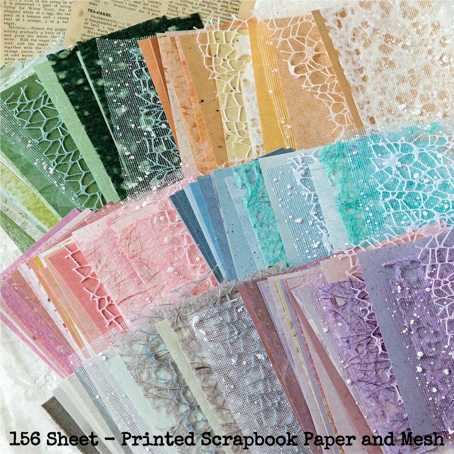 156 Sheets Scrapbook Paper and Mesh Fabric Assorted Set - 6 Pack Mixed Special Textured Paper for Scrapbooking Kit Junk Journal Supplies Planner Mixed Media Collage Card Making Materials 3.9x5.5 Inch