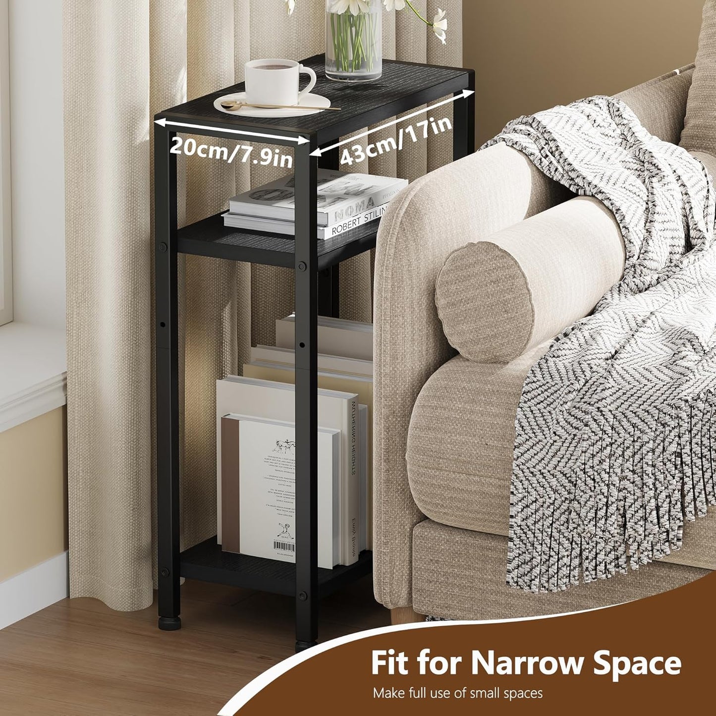 26.4" HET006BK1 Heybly Small Narrow Side Table for Small Space, Thin Bedside Table, Skinny End Table, Slim Sofa Table