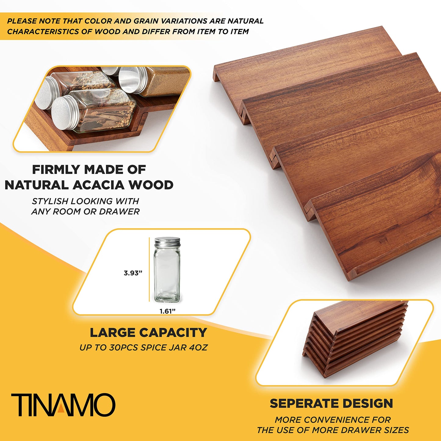 Tinamo Wood Spice Drawer Organizer - Acacia Wooden Tray Spice Racks Organizer for Cabinet Storage Shelf - 4 Tier Spice Rack for Drawer 32 Jars (Pack 4)