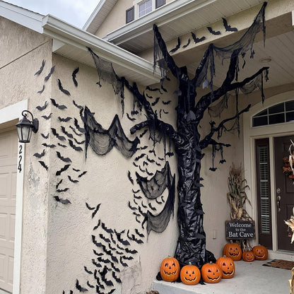 Humyoun 29 Pcs Halloween Spooky Tree Wall Decor DIY Kit, 24 Realistic 3D Bat Stickers, Black Scary Cloth, 2 Kraft Paper Rolls, 2 Tapes Creepy Haunted House Backdrop for DIY Craft Outdoor Indoor Party