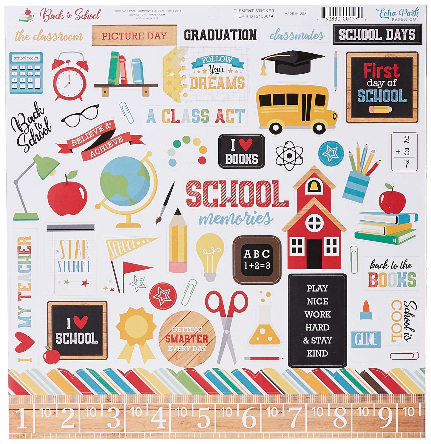 Echo Park Paper Company Back to School Collection Kit paper, 2-x-2, Blue/Black/Red/Green/Yellow, 12-x-12"