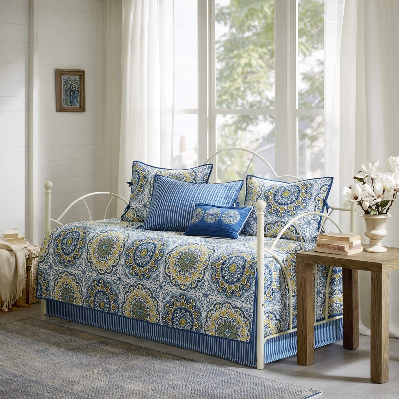 Madison Park Daybed Cover Set-Double Sided Quilting Casual Design All Season Bedding with Bedskirt, Matching Shams, Decorative Pillow, 75"x39", Medallion Blue 6 Piece