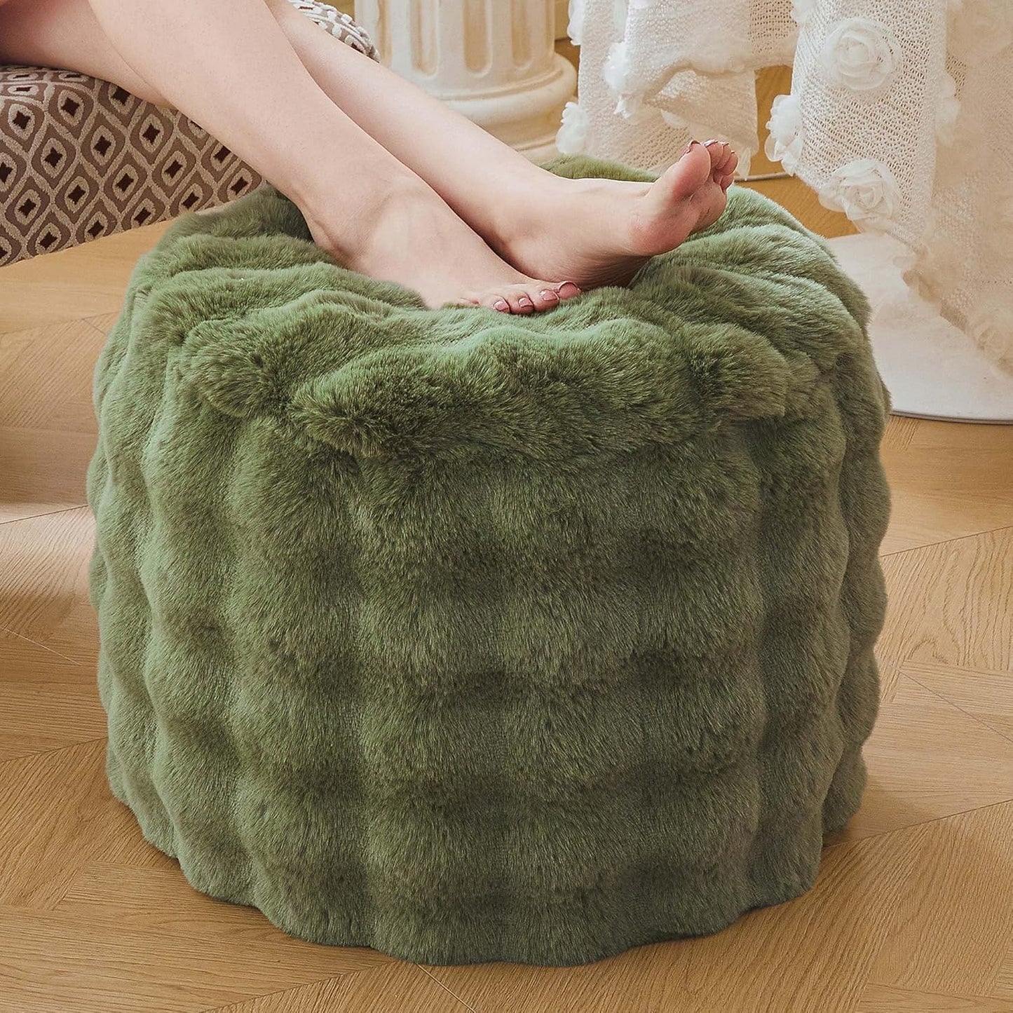 20" 16" LIFEREVO Faux Rabbit Fur Round Inflatable Pouf Ottoman, X Plush Fuzzy Waffle Bubble Floor Poufs Foot Rest