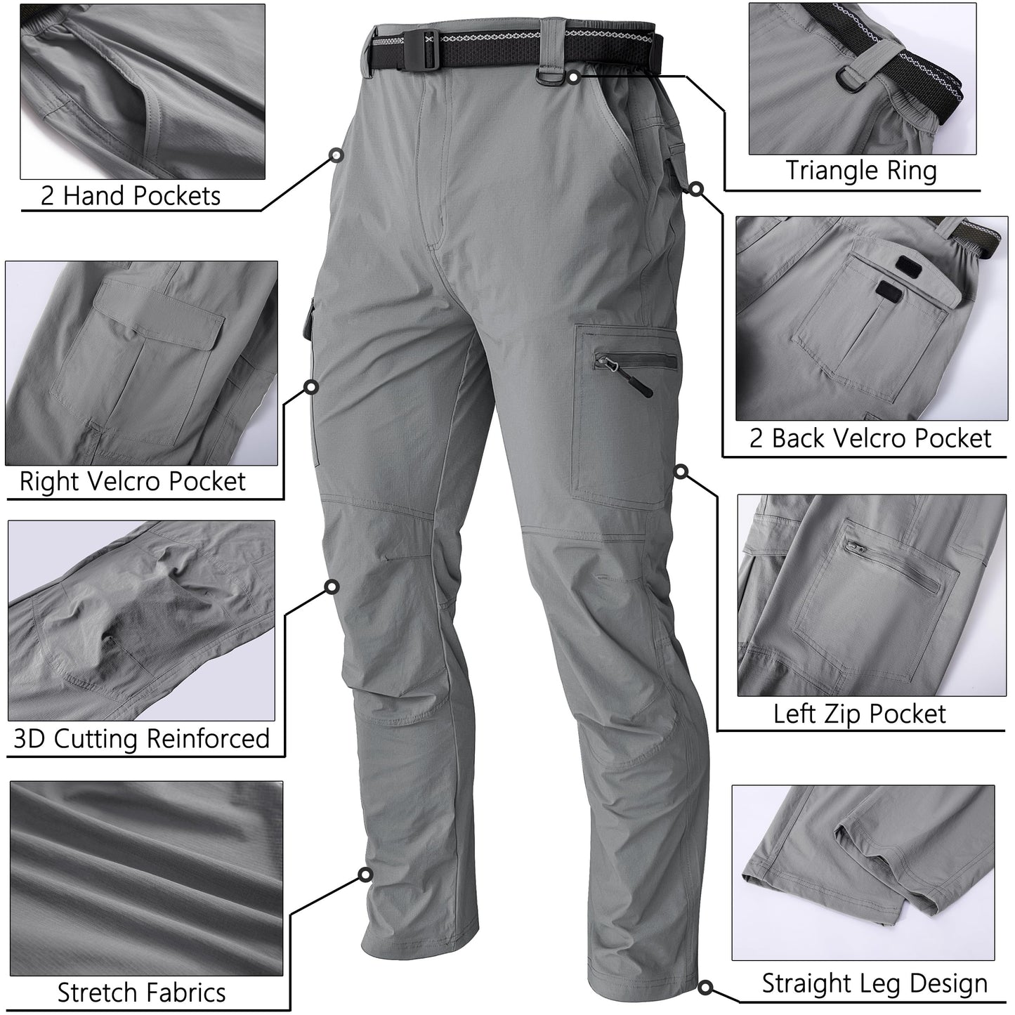 WENRONSTA Men's Hiking Work Cargo Pants Quick-Dry Lightweight Waterproof 6 Pockets Outdoor Mountain Fishing Camping Pants Light Grey XXL