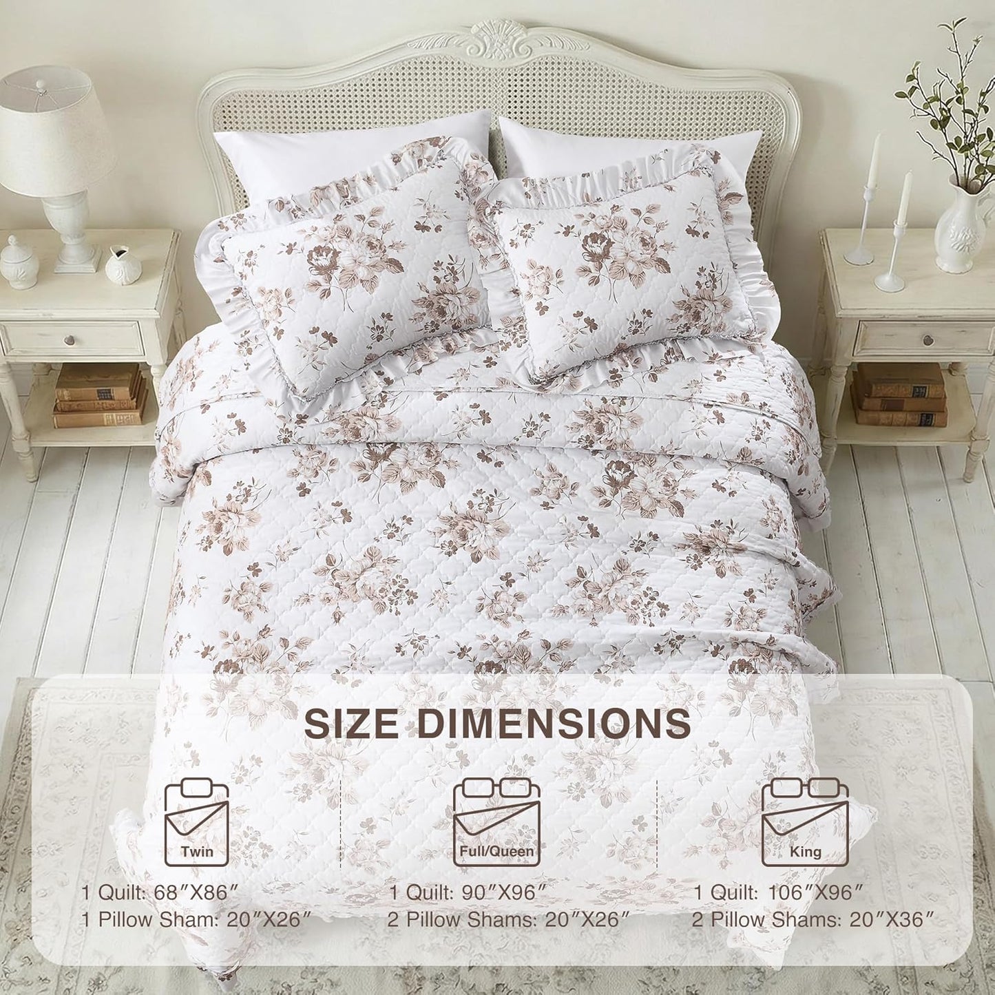 1 2 68x86 inches HORIMOTE HOME Khaki Ruffled Quilt Twin Size with Pillow Sham, Shabby Chic Floral Printed Reversible