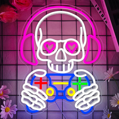 hhuohuona Skull Game Neon Sign Gaming Light Up Sign Dimmbale Skull Led Signs Skeleton Gamer Neon Lights for Man Cave Game Room Decor Gifts for Gamers Boys