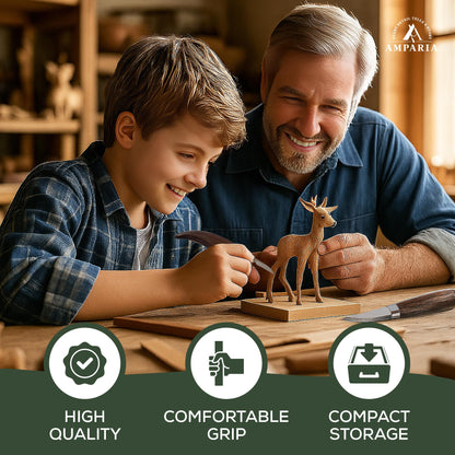 Wood Carving Kit – 29Pcs Whittling Knife Set with 9 Knives, Basswood Blocks w/Carved Guides, Safety Gloves, Whetstone, Stropping Leather & Roll Bag – AMPARIA Premium Tools for Beginner & Professional