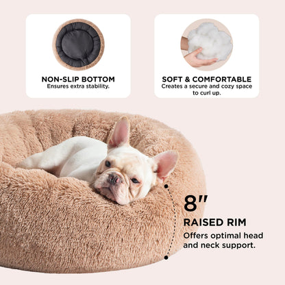 Bedsure Calming Dog Bed Medium Size Dog - Donut Washable Medium Pet Bed, 30 inches Anti-Slip Round Fluffy Plush Faux Fur Cat Bed, Fits up to 45 lbs Pets, Camel