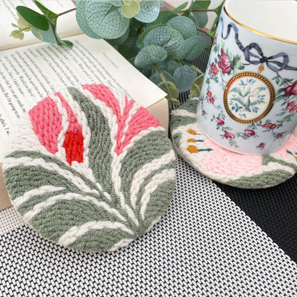 Punch Needle Coasters kit, 6-piece Flower Pattern Set - Cup Holder DIY Punching Needle Embroidery Kit (floral01)