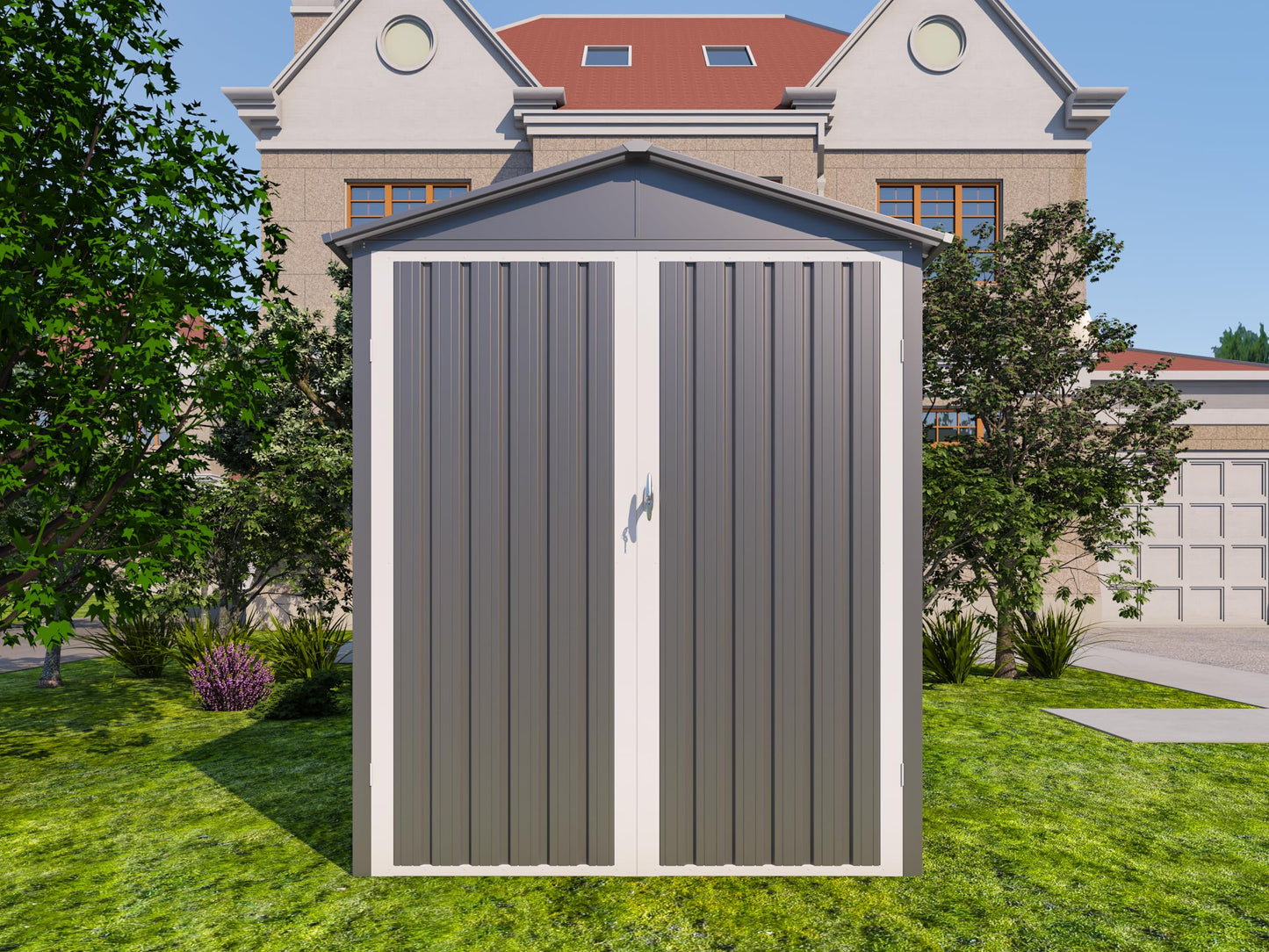 YOPTO 10x6.64 FT Metal Frame Garden Sheds with Lockable Doors and Window,Outdoor Heavy-Duty Storage Shed,w/Waterproof Roofs,for Motorcycle Bicycles Lawnmowers,Grey+White