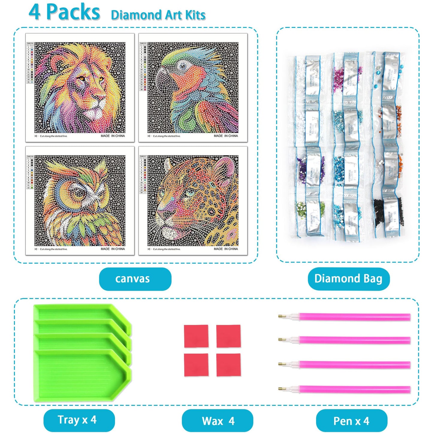 UiSdfuy Diamond Art Kits for Kids, Arts & Crafts Ages 8-12,Diamond Art for Boys Girls,Gem Art 4 Pack Diamond Painting 6"x 6" - Lion Owl Leopard Parrot