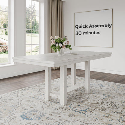 Signature Design by Ashley Robbinsdale Farmhouse Distressed Counter Height Dining Extension Table with Trestle Base, Planked Effect and 2 Removable End Leaves, White