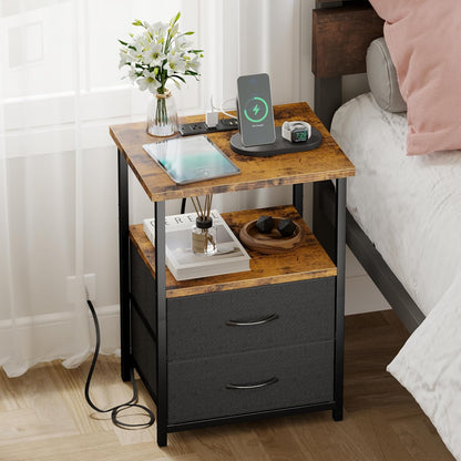 Fixwal Night Stand with Charging Station, Nightstand with Fabric Drawers, Bedside Table for Bedroom, Rustic Brown