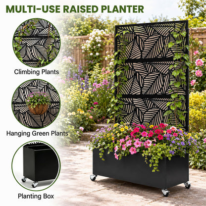 Veemuaro Metal Planter Box with Trellis, 70" H × 46" L Freestanding Outdoor Raised Garden Bed with Privacy Screen, Wheels and Drainage Holes, Leaf Privacy Screen Planter Box for Garden, 2PCS