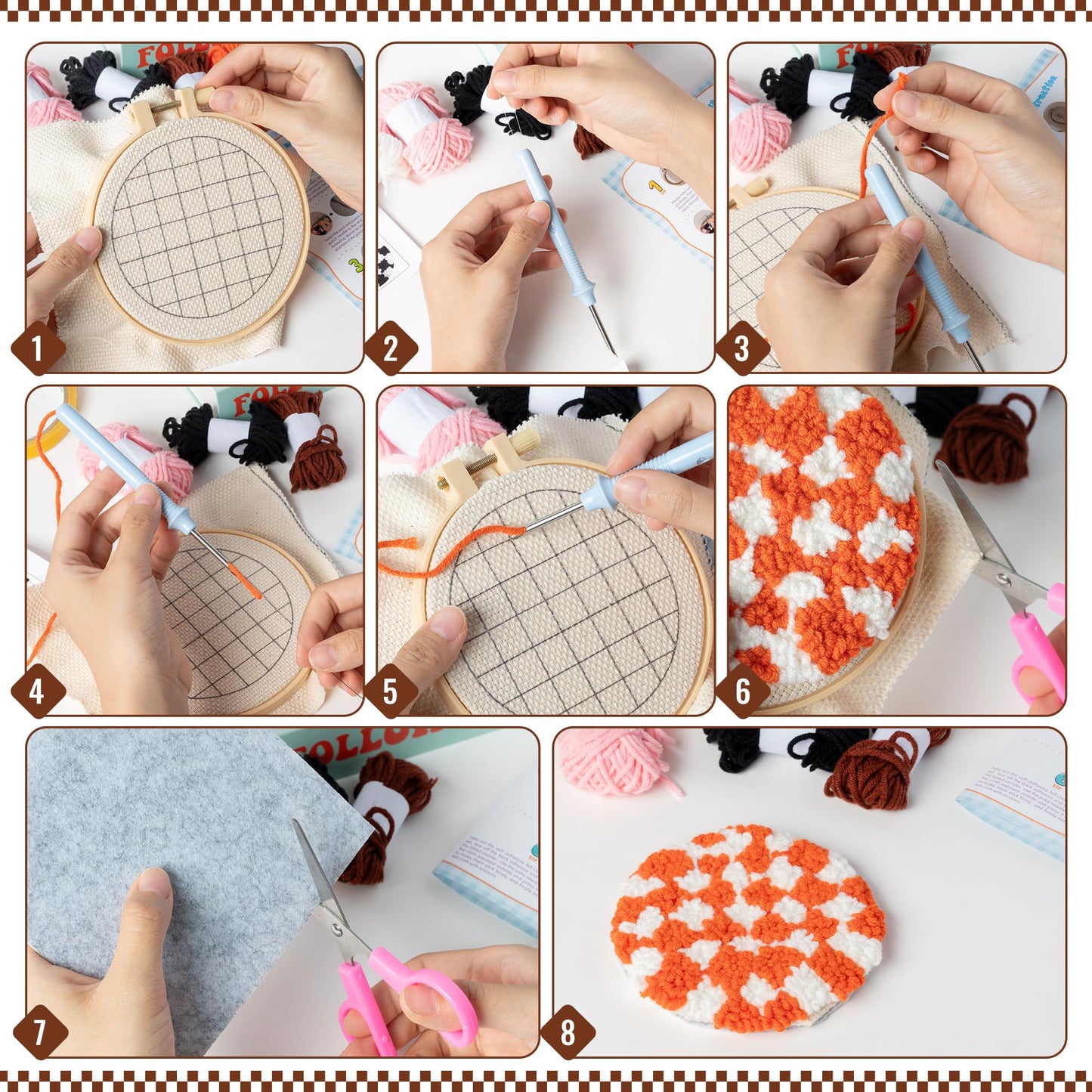 WATINC Checkerboard Punch Needle Coaster Kit - 22Pcs Crafts Punch Needle Coasters Kits for Beginners, Checkerboard Patterns Coaster Tufted Rug Pads with Adhesive Felt Yarns Embroidery Hoop Instruction