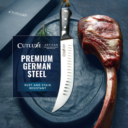 Cutluxe Butcher Knife – 10″ Cimeter Breaking Knife, Razor Sharp Forged High Carbon German Steel, Full Tang Meat Carving Knife, Ergonomic Handle Design, Grilling Gifts for Men – Artisan Series