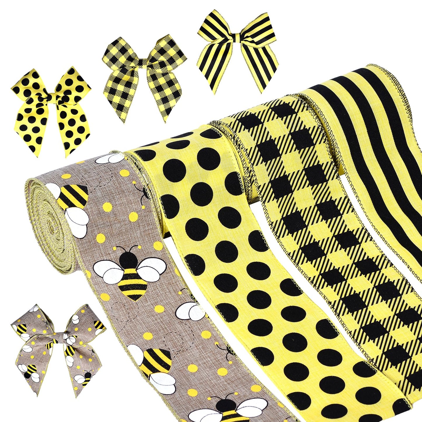 Ribest Bumble Bee Ribbon Wired, 2-1/2 Inch Polka Dot Striped Plaid Black and Yellow Decorative Ribbon for Wreaths Crafts Gift Wrapping Bows Making Summer Decoration, 4 Rolls Total 20 Yard