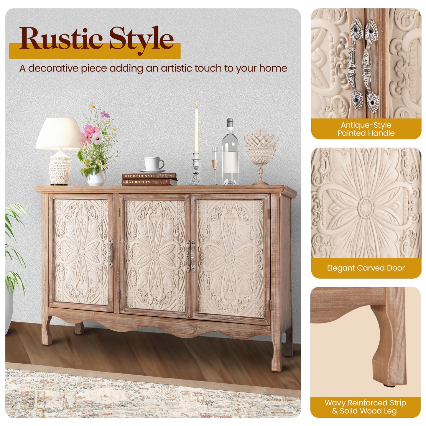 FansaFurn Accent Storage Cabinet with 3 Carved Doors and Shelves, Farmhouse Sideboard Buffet Sideboard with Storage, Wood Kitchen Cabinet for Living Room, Entryway, Dining Room and Kitchen, Natural