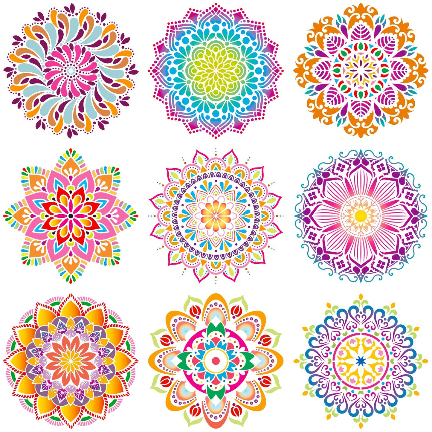 9 Pack 12 x 12 Inch Large Rangoli Stencils Mandala Stencil Laser Cut Painting Template for DIY Art | Wall Stencil, Tile Stencil, Floor Stencils - Wall Stencils for Painting Large Pattern