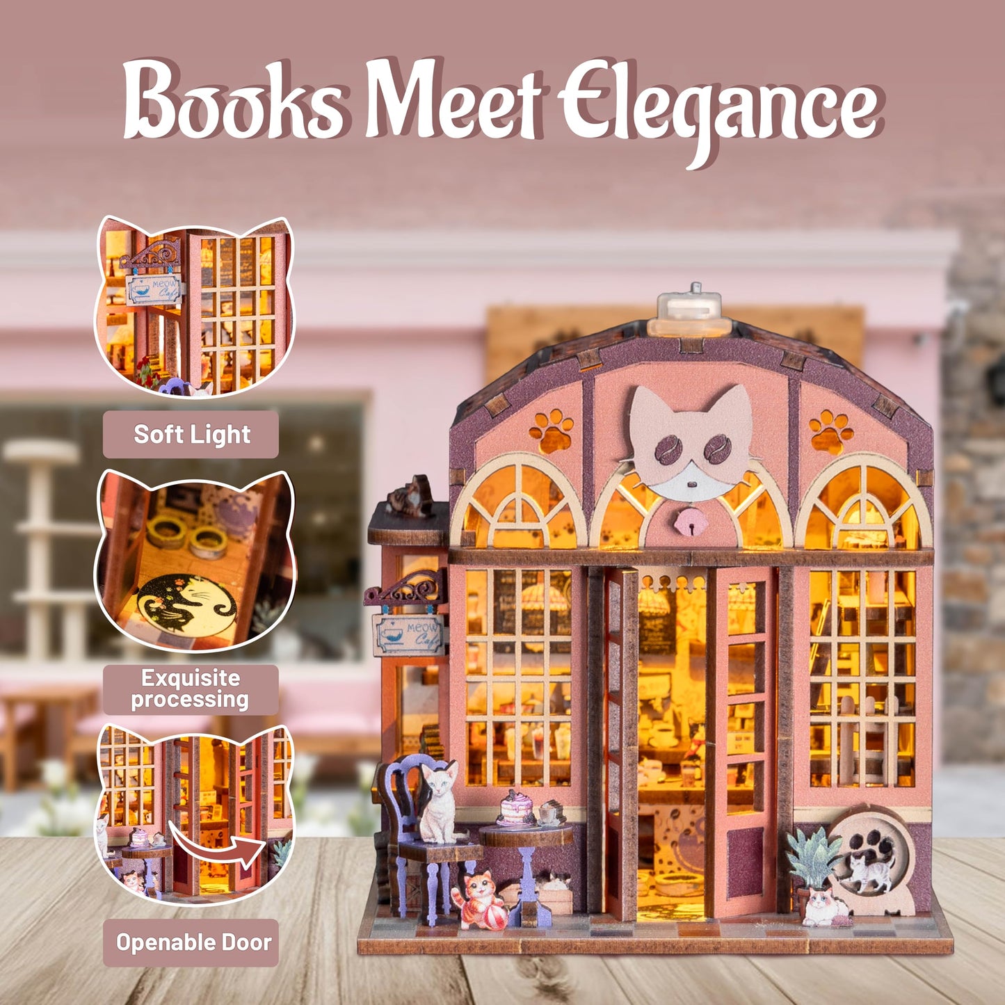 3D Book Nook DIY Kit with Batteries Light Cat Cafe Theme Wooden Building Toy House for LED Magic Book Nook Lover Bookend Bookshelf DIY Miniature Gift for Adults