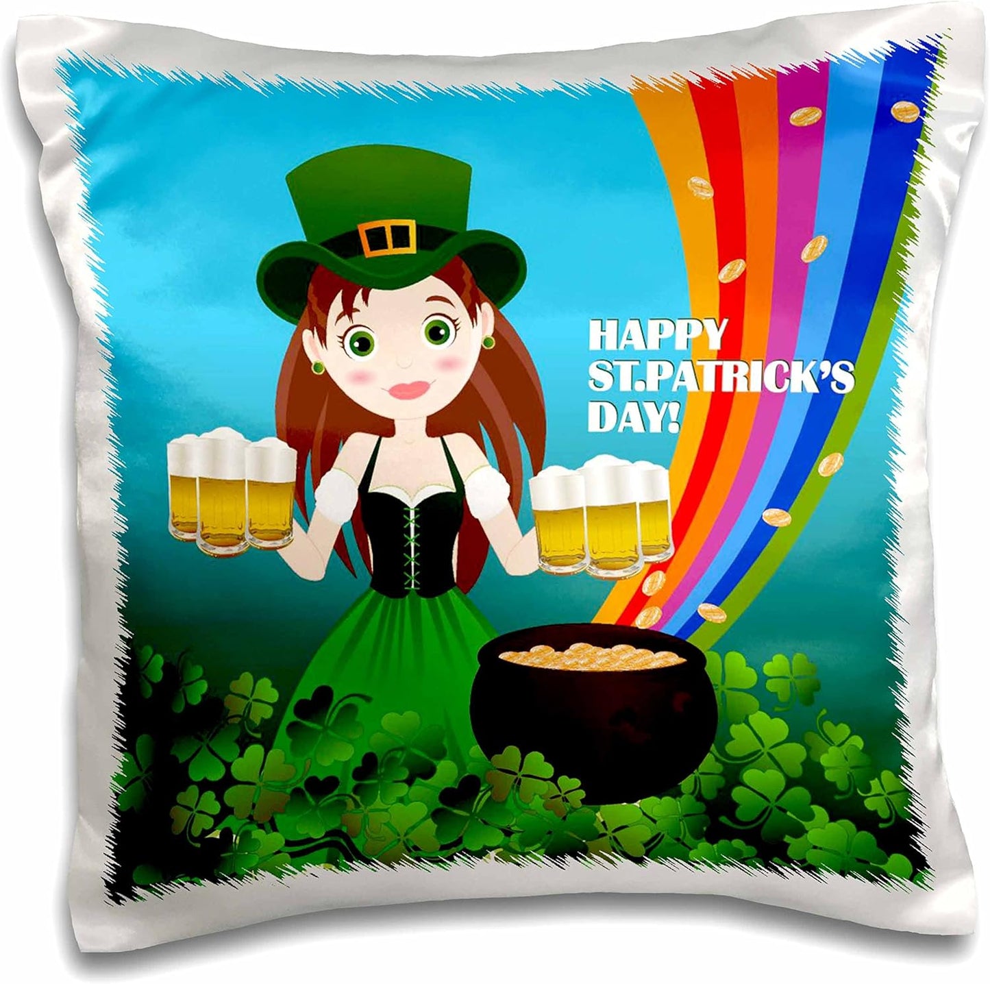 3dRose Girl with Beer Celebrating Saint Patrick Day Pillow Case, 16 by 16"