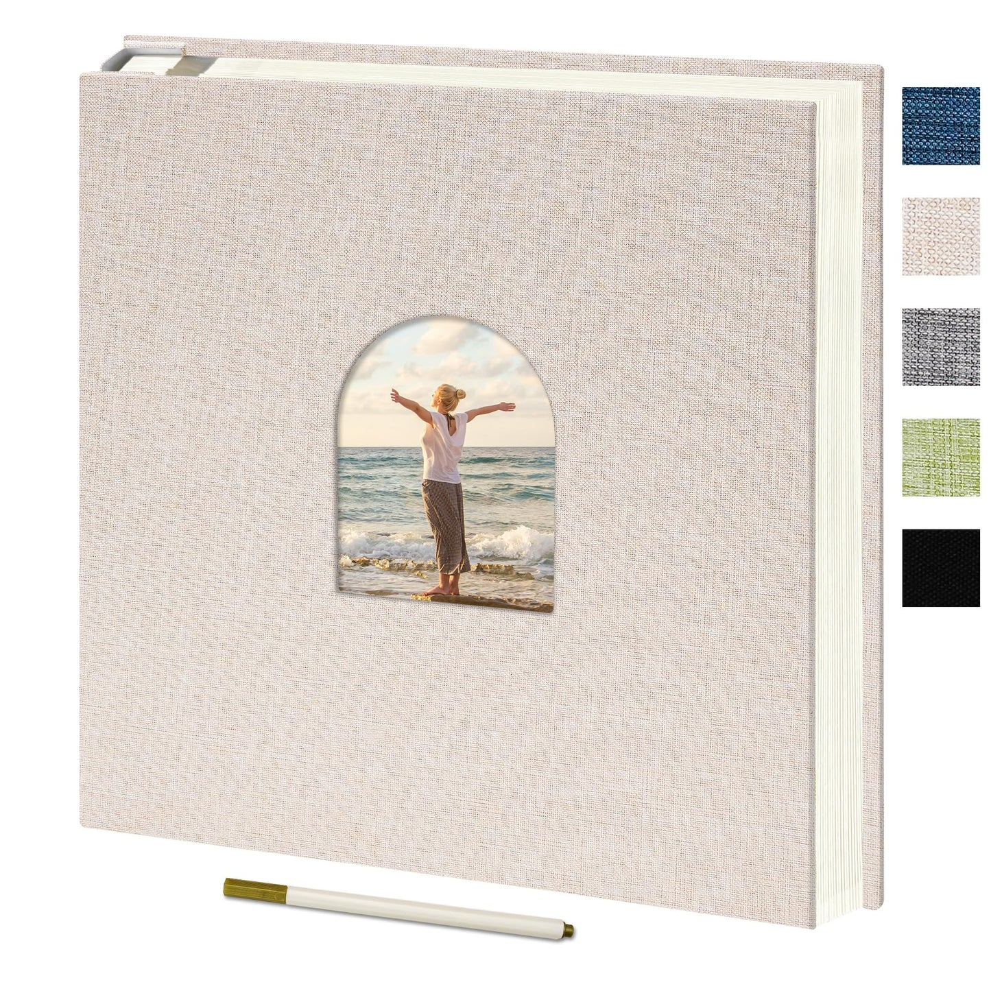Vienrose 9.84x9.06 Inch Small Self-Adhesive Photo Album Linen Cover Arch Window Scrapbook Album 40 Blank Pages Memory Book with A Metallic Pen, Beige