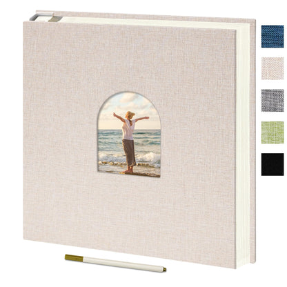 Vienrose 9.84x9.06 Inch Small Self-Adhesive Photo Album Linen Cover Arch Window Scrapbook Album 40 Blank Pages Memory Book with A Metallic Pen, Beige