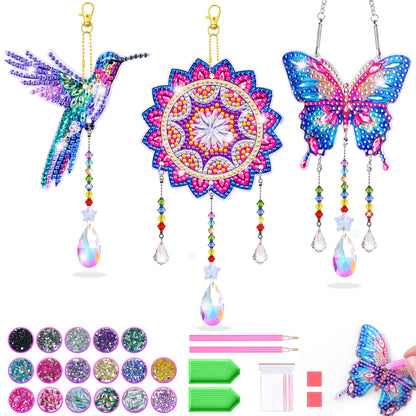 Crafts for Girls 8-12, Diamond Art Kits for Girls Ages 10-12, 3 PCS Diamond Art, DIY Suncatchers & Wind Chime Kits for Kids, Great Arts & Crafts Birthday Gift, Pretty Home/Garden/Backpack décor