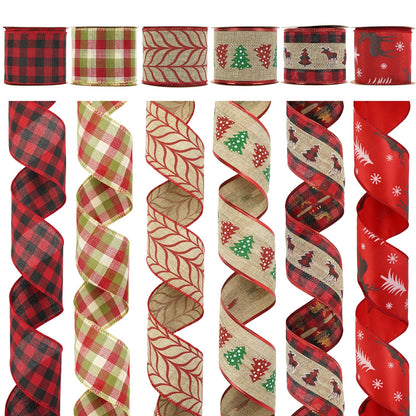 MEEDEE Burlap Wired Ribbon 2.5 Inch 6 Rolls 36 Yards Buffalo Plaid Ribbon for Wreaths, Tree Decorations, Ribbon Garland