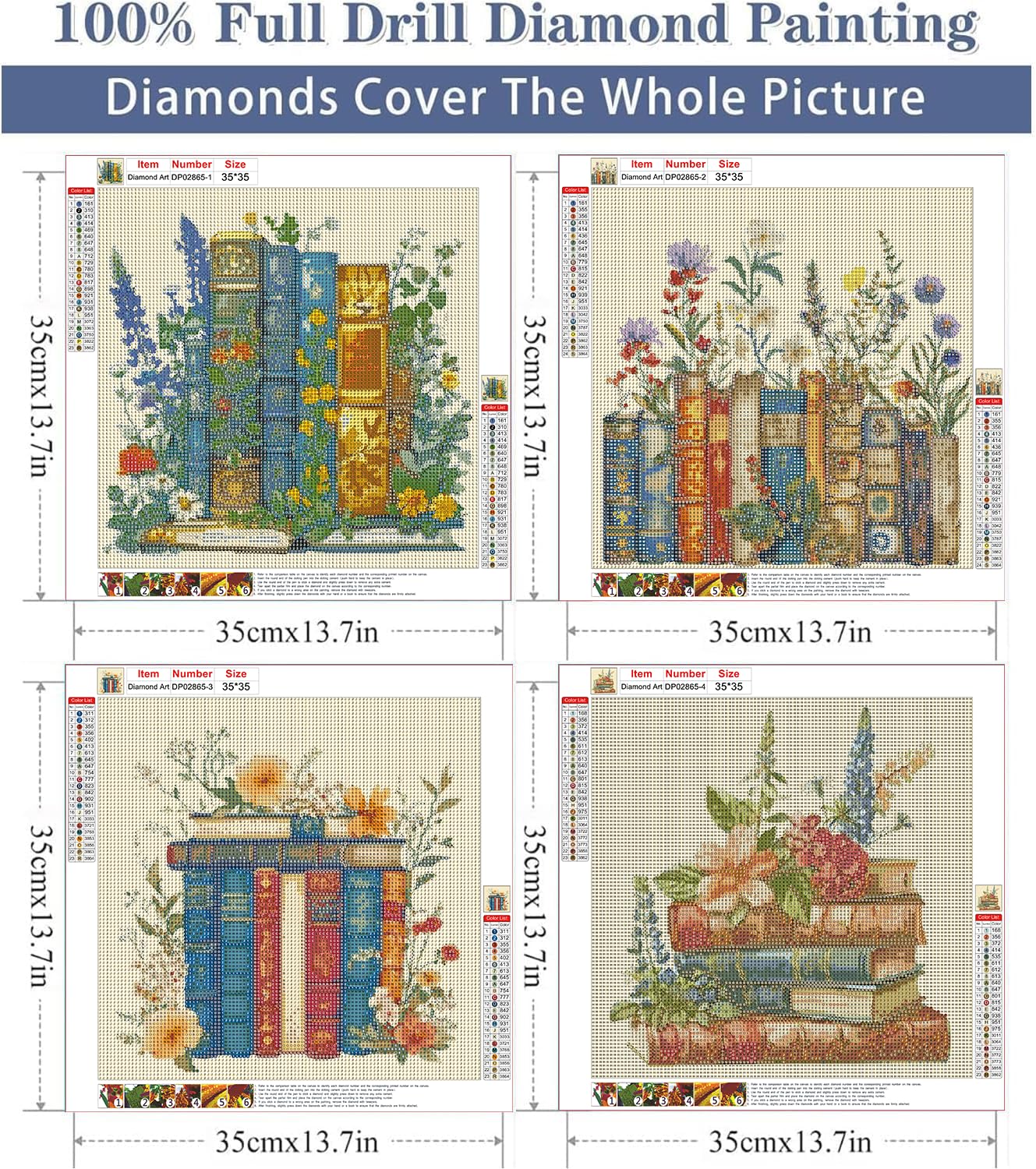 RYMILIE 4 Pack Diamond Art Painting Kits for Adults, DIY Flower Books Diamond Painting Kits Round Diamond Dots for Adults,5D Full Drill Painting Kit Art and Crafts for Adult Home Wall Decor 14x14inch