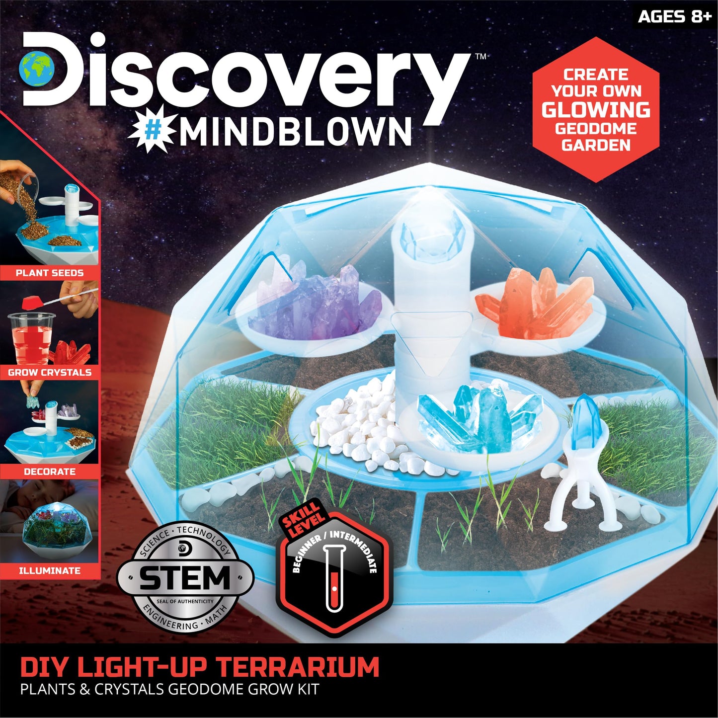 Discovery™ DIY Light-Up LED Terrarium - Plants & Crystals Geodome Grow Kit, 3 Colorful Crystal Formations, Rye Grass, Education STEM Activity Set, Indoor Science Experiment, Chemistry Gift