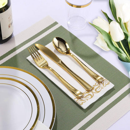 FOCUSLINE 350 Ct Disposable Dinnerware Set for 50 Guests -Heavy Duty Plastic Plates with Gold Rim, Includes 50 Dinner & Salad Plates, Cups, Napkins, Cutlery Set