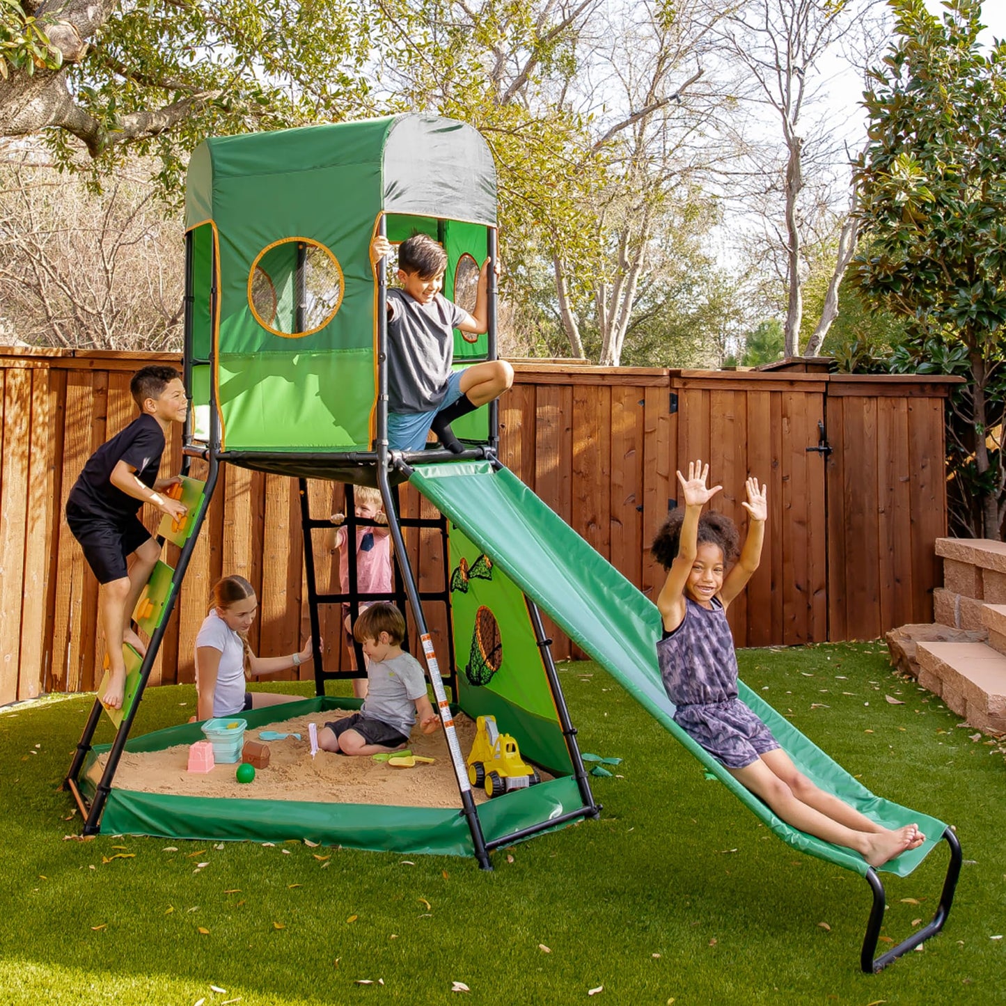 gobaplay SummitPro Climbing Tower with Slide, 600 lb Capacity, Green - Outdoor Backyard Playset with Climbing Walls and Sandbox for Kids 6+