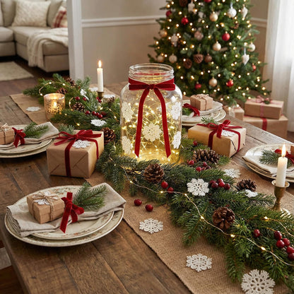 Christmas Velvet Ribbon Craft Kit – 6 Rolls Burgundy Felt Ribbon with Jute Twine Snowflake Fabric Patches, Complete Holiday Gift Wrapping Decoration Set, High-Value Bundle for Xmas Crafts Home Décor