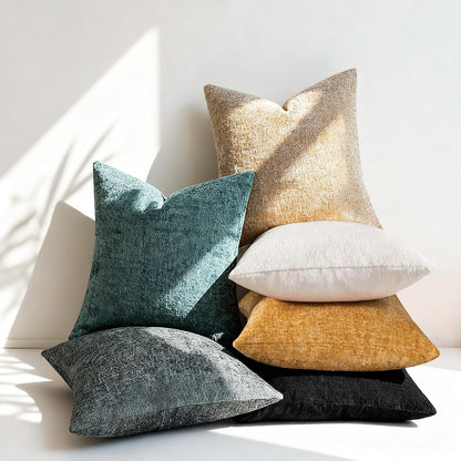 Set 2 Cozy 16x16, Chenille Throw Pillow Covers of Decorative Textured Solid Accent Pillow Cases, Soft Neutral Home