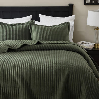 WDCOZY Olive Green Queen Size Quilt Set, Striped Pick Stitch Lightweight Bedspread, Soft Channel Farmhouse Rustic Coverlet, Spring Summer Thin Comforter, Country Bedding, 90x90 inches