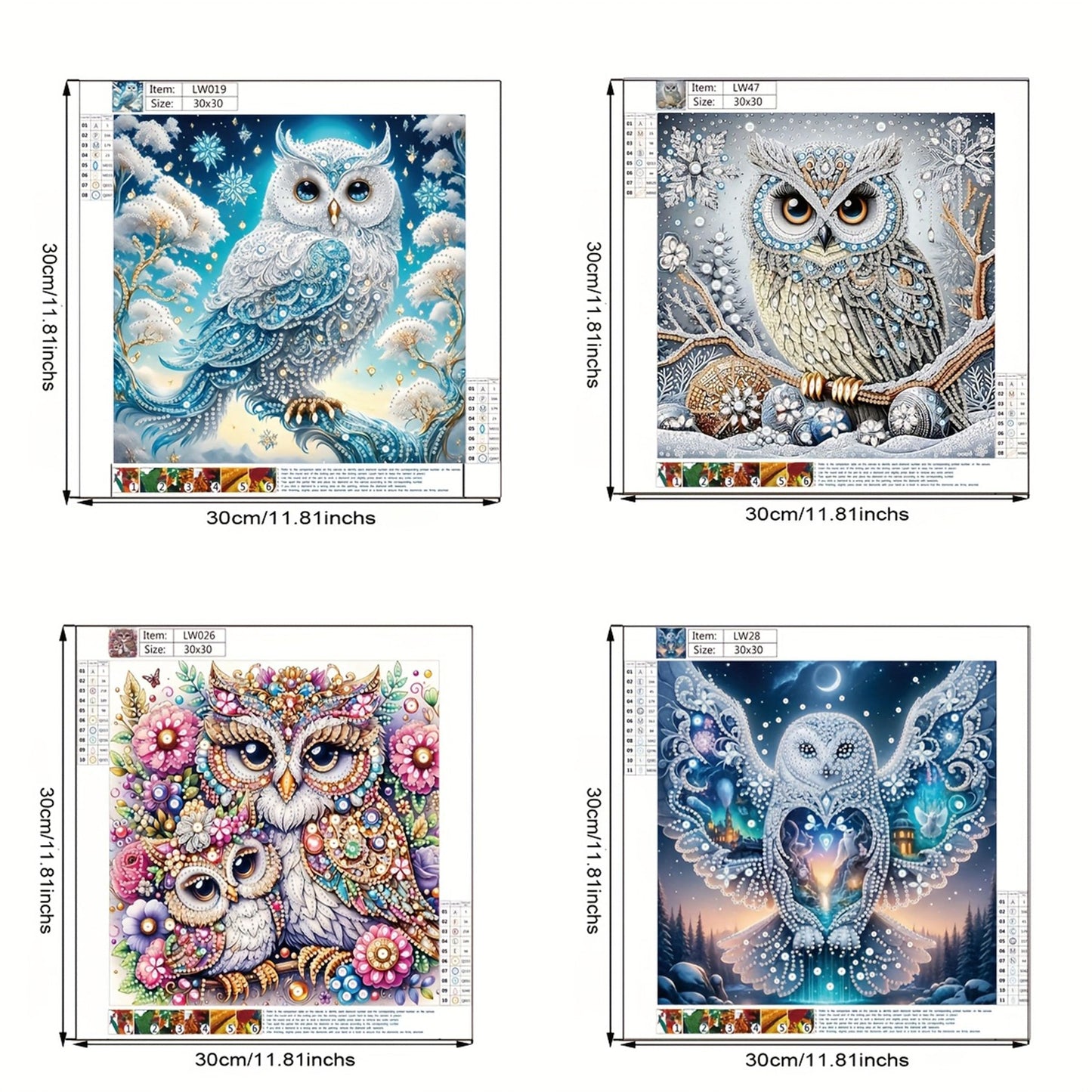 KUFWKEY DIY 4Pcs Set 5D Diamond Painting Kits for Adults,Owl Diamond Art Kit for Beginners, Special Shape Partial Crystal Rhinestones Sparkling Gem Art,Mosaic Crafts,Home Decor,11.81X11.81 inchs